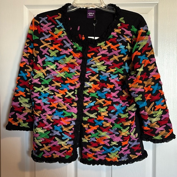 Michael Simon NWT women’s black colorful tulle cardigan sweater size large - Picture 1 of 11